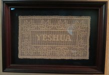 Filet lace is crocheted, and I design these word and phrase panels and
frame them.