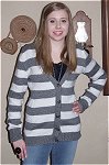 Daughter and I designed this together, a V-neck, horizontal striped
cardigan with darts.