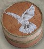 A birch bark quill box embroidered with porcupine quills, sewn with sinew. Instruction booklet is available for
sale.